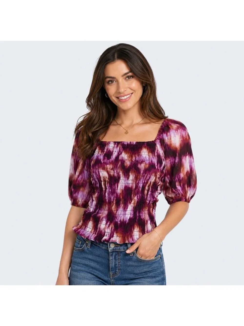 Old Navy Womens Tall Smocked Puff-Sleeve Top Tie-Dye Print L